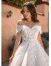 Off Shoulder Beaded Ivory Lace Champagne Tulle Romantic Wedding Dress